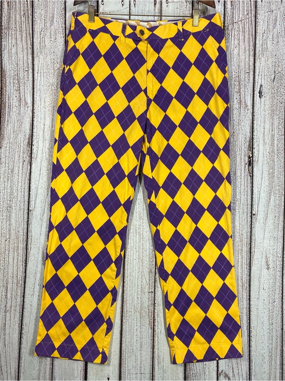 Loudmouth Pants Mens 38 X 32 Yellow Purple Golf Argyle Jester Cotton Checkered